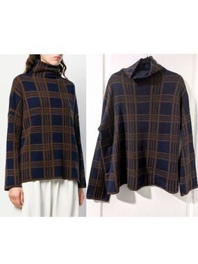 Vince | Plaid Wool Cashmere Blend Funnel Neck Sweater In Marine/Umbra